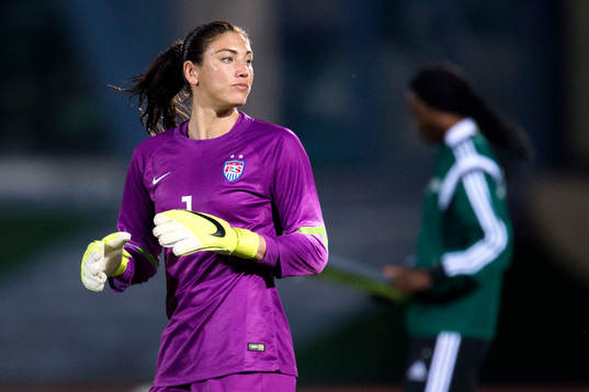 s målvakt Hope Solo under en fotbollsmatch i Algarve Cup mellan Norge och USA den 4 mars 2015 i Vila Real de Santo Antonio, Portugal.