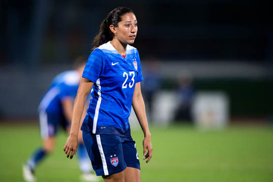 s Christen Press under en fotbollsmatch i Algarve Cup mellan Norge och USA den 4 mars 2015 i Vila Real de Santo Antonio, Portugal.