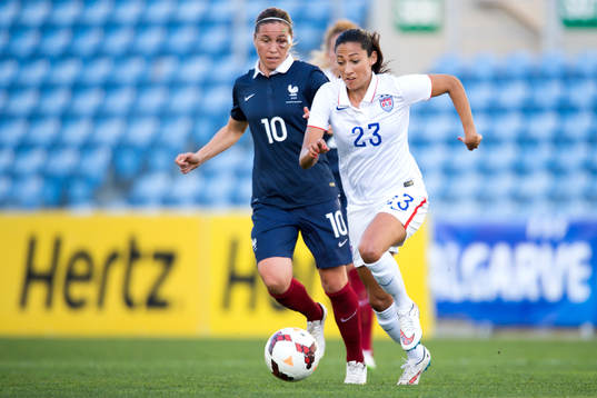 s Christen Press under finalen i Algarve Cup mellan Frankrike och USA den 11 mars 2015 i Almancil.