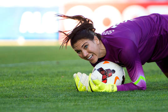 s målvakt Hope Solo under finalen i Algarve Cup mellan Frankrike och USA den 11 mars 2015 i Almancil.