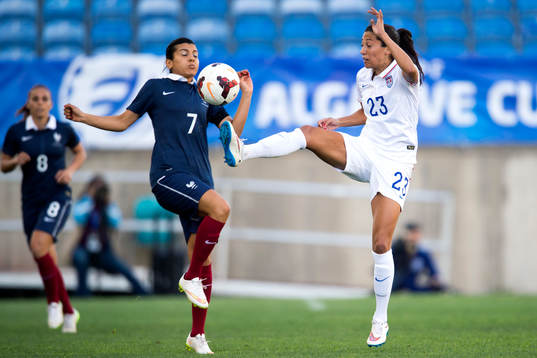 s Christen Press under finalen i Algarve Cup mellan Frankrike och USA den 11 mars 2015 i Almancil.