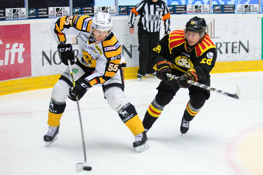 Skellefteå Martin Sevc och Brynäs Anton Rödin i kamp om