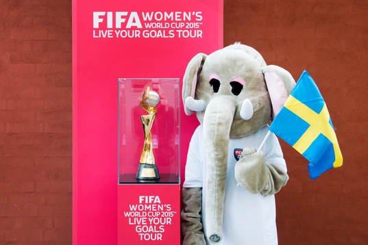 Besökare på finalen i Supercupen fotograferas med VM-pokalen den 15 mars 2015 i Malmö.