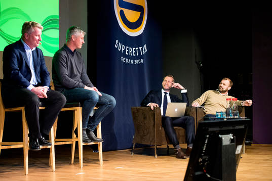 s tränare Jörgen Wålemark, experterna Martin Åslund och Daniel Kristiansson under upptaktsträffen inför Superettan i fotboll den 26 mars 2015 i Stockholm.