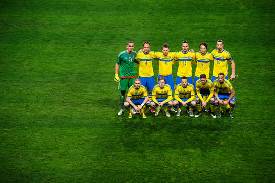  Målvakt Robin Olsen, Andreas Granqvist, Erik Johansson, Albin Ekdal och Zlatan Ibrahimovic. Nedre raden från vänster: Anton Tinnerholm, Emil Forsberg, Pierre Bengtsson, Marcus Berg och Erkan Zengin.
