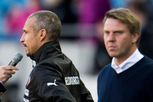 Helsingborgs manager Henrik Larsson och Falkenbergs tränare Hans Eklund