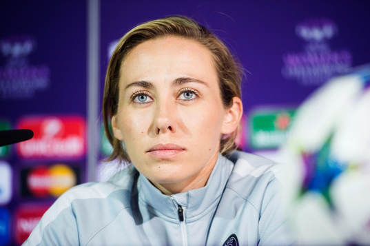 s Sabrina Delannoy deltar i en presskonferens inför finalen i damernas Champions League den 13 maj 2015 i Berlin.