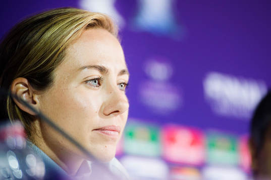 s Sabrina Delannoy deltar i en presskonferens inför finalen i damernas Champions League den 13 maj 2015 i Berlin.
