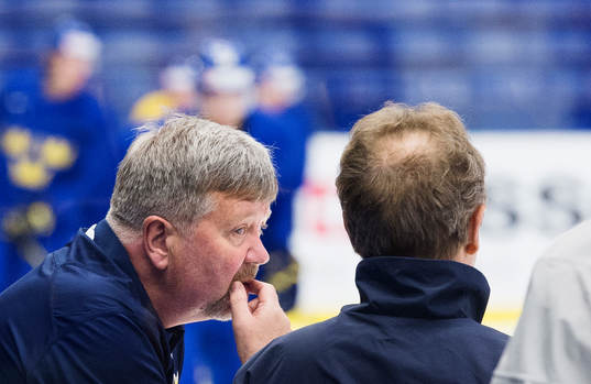 Läkaren Björn Sandström pratar med förbundskapten Pär