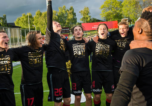  [DK=20150521: Midtjylland danish champions Kristoffer Olsson, FC Midtjylland, Patrick Banggaard, FC Midtjylland, Petter Andersson, FC Midtjylland, Erik Sviatchenko, FC Midtjylland] celebrate