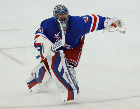 New York Rangers goalie Henrik Lundqvist skates to the