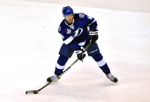 Tampa bay defenseman Anton Stralman moves the puck