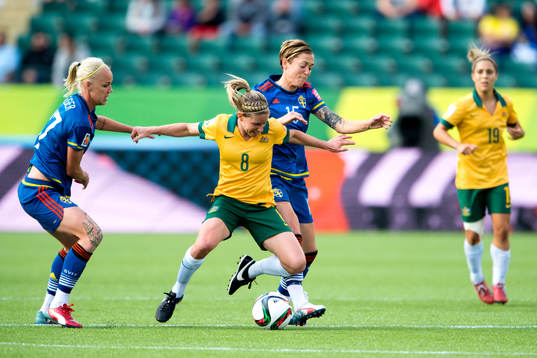 Sveriges Caroline Seger och Therese Sjögran i närkamp med Australiens Elise Kellond-Knight