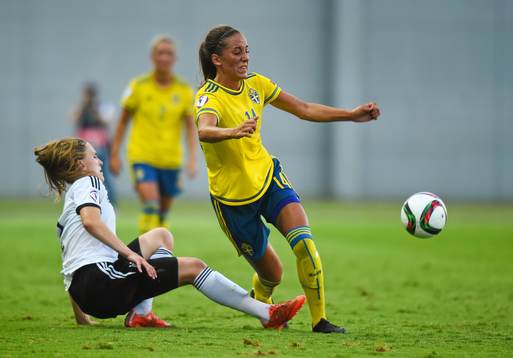  Anna Oskarsson of Sweden and Michaela Brandenburg of Germany during their UEFA European Women's Under-19 Championship semi-final