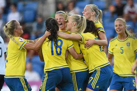  Tove Almqvist (4R) of Sweden after scoring her side's first goal during their UEFA European Women's Under-19 Championship semi-final against Germany