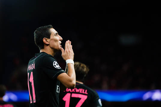 s Angel Di Maria gör 1-0 och jublar under fotbollsmatchen i Champions League mellan Paris Saint Germain och Malmö FF den 15 september 2015 i Paris.