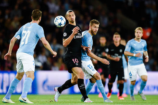 s Zlatan Ibrahimovic under fotbollsmatchen i Champions League mellan Paris Saint Germain och Malmö FF den 15 september 2015 i Paris.