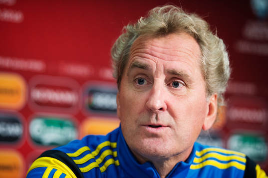 Förbundskapten Erik Hamrén på en presskonferens med Sveriges fotbollslandslag den 8 oktober 2015 i Vaduz.