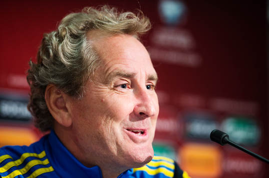 Förbundskapten Erik Hamrén på en presskonferens med Sveriges fotbollslandslag den 8 oktober 2015 i Vaduz.
