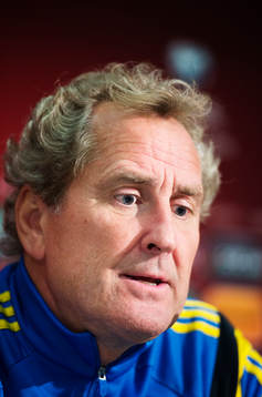Förbundskapten Erik Hamrén på en presskonferens med Sveriges fotbollslandslag den 8 oktober 2015 i Vaduz.