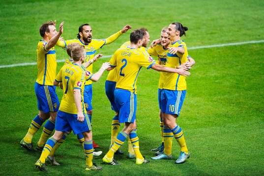 Sveriges Kim Källström, Erkan Zengin, Sebastian Larsson, Andreas Granqvist, Mikael Lustig och John Guidetti jublar med Zlatan Ibrahimovic efter att han har gjort 1-0