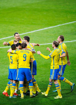 Sveriges Zlatan Ibrahimovic, Martin Olsson, Kim Källström, Mikael Antonsson och Andreas Granqvist jublar med Erkan Zengin efter att han har gjort 2-0