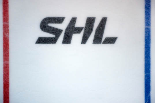 s logotyp på isen innan ishockeymatchen i SHL mellan