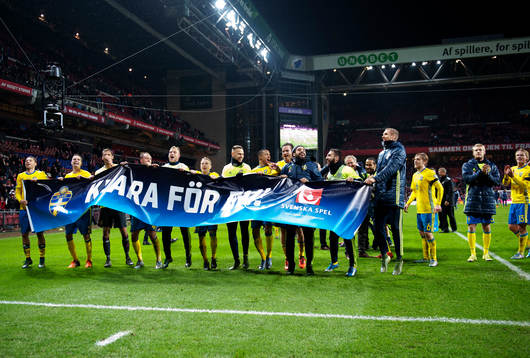 Sveriges spelare jublar och håller i en banderoll med texten 