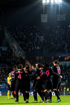 s spelare jublar efter 0-5 målet genom Moura Lucas under fotbollsmatchen i Champions League mellan Malmö FF och Paris Saint Germain den 25 november 2015 i Malmö.