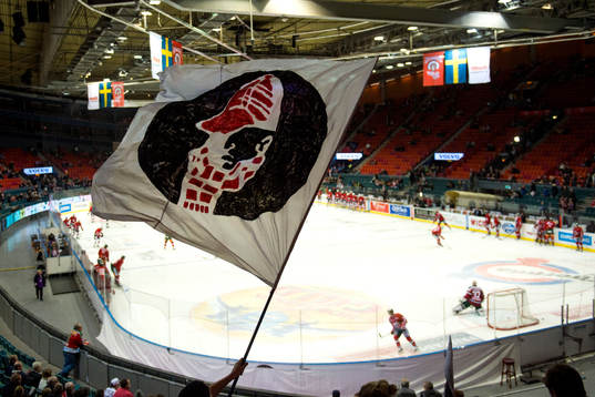 En supportars från Malmö Redhawks vevar med en flagga