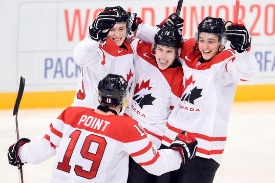 Kanadas Brayden Point, Travis Sanheim, Mitch Marner och