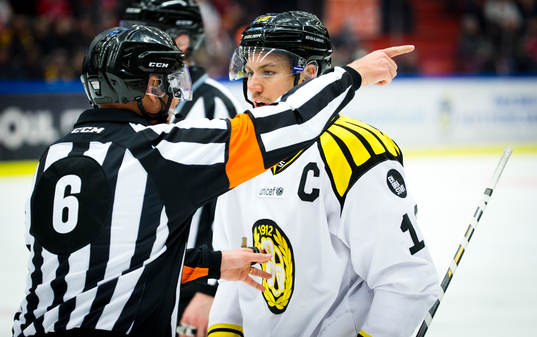 Domare Sören Persson och Brynäs Anton Rödin i samtal