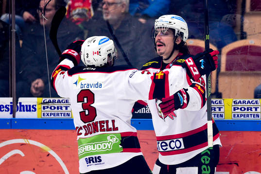 Malmö Redhawks Kent McDonell och Peter Mueller jublar