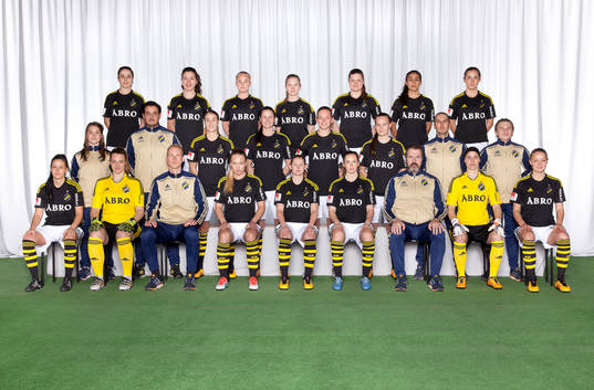 Lagbild för AIK den 23 mars 2016 i Stockholm. Bakre ledet fr. v. Kristine Mangasaryan, Loreta Kullashi, Linda Augustsson, Emelie Eriksson, Nellie Bollander, Esti Munoz de Oca, Petra Sundqvist. Mittenledet fr. v. Diyar Dawod (ass mv tränare), Matilda Rosqvist, Nicole Modin, Emelie Johansson, Hanna Helg, Fredrik De Voto (Fystränare), Leo Holm (Materialare). Sittande fr. v. Daniela Novakovic, Petra Hautalahti, Robert Svanström (Tränare), Elin Sjölander, Madeleine Rohr, Emelie Johansson, Christer Lundin (Chefstränare), Evelina Findell.