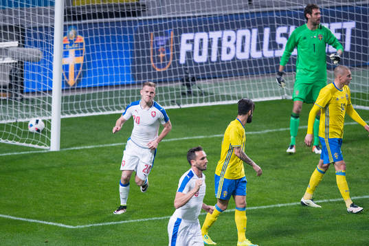Tjeckien  Matej Vydra jublar efter att han har gjort 1-1 bakom Sveriges målvakt Andreas Isaksson