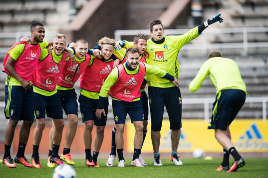 Isaac Kiese Thelin, John Guidetti, Victor Nilsson Lindelöf, Oscar Hiljemark, Muamer Tankovic, Marcus Rohdén och Johannes Hopf jublar