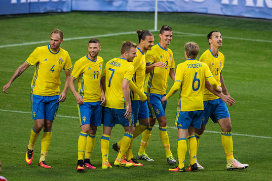 Sveriges Andreas Granqvist, Marcus Berg, Sebastian Larsson, Erik Johansson, Mikael Lustig, Emil Forsberg och Zlatan Ibrahimovic jublar efter 2-0