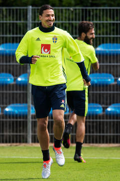 Zlatan Ibrahimovic och Jimmy Durmaz skrattar på Sveriges