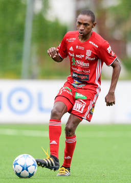 s Akeil Barrett under fotbollsmatchen i division 1 norra mellan Piteå och Västerås den 19 juni 2016 i Piteå.