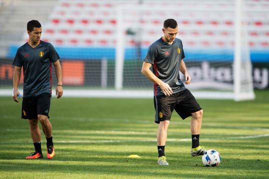 Eden Hazard och Thomas Vermaelen på Belgiens fotbollslandslags träning