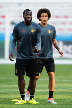 Romelu Lukaku och Axel Witsel på Belgiens fotbollslandslags träning