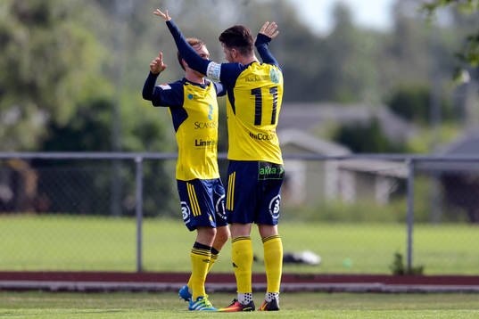 Ängelholms Albin Nilsson och Oliver Stojanovic Fredin jublar efter 1-1