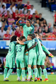 Portugals Bruno Alves  jublar med lagkamraterna efter 2-0  av Nani