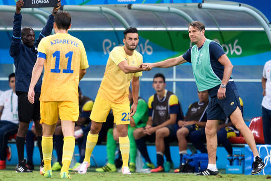 Sveriges Valmir Berisha och förbundskapten Håkan Ericson