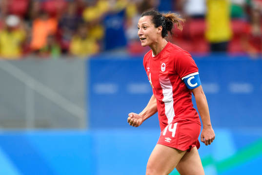 Kanadas Melissa Tancredi jublar efter fotbollsmatchen mellan Tyskland och Kanada den 9 augusti 2016