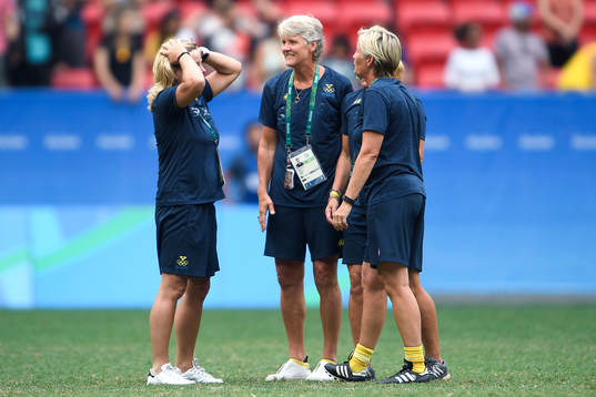 Sveriges förbundskapten Pia Sundhage efter kvartsfinalen i fotboll mellan USA och Sverige den 12 augusti 2016