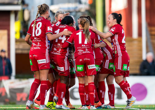 Piteåspelarna efter Lena Blomkvist gjort 2-1 på tilläggstid