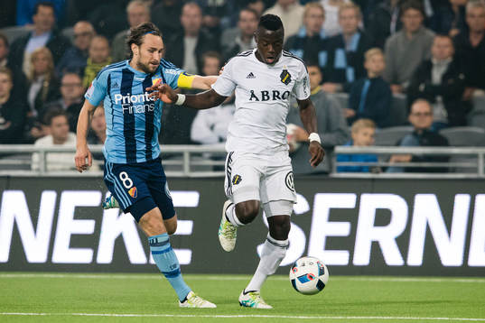 s Patrick Kpozo under fotbollsmatchen i Allsvenskan mellan Djurgården och AIK den 21 september 2016 i Stockholm. 
