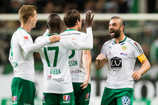 Hammarbys Erik Israelsson, Pa Amat Dibba, Johan Persson och Kennedy Bakircioglu jublar
