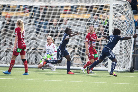 Kvarnsvedens Elizabeth Addo och Tabitha Chawinga jublar